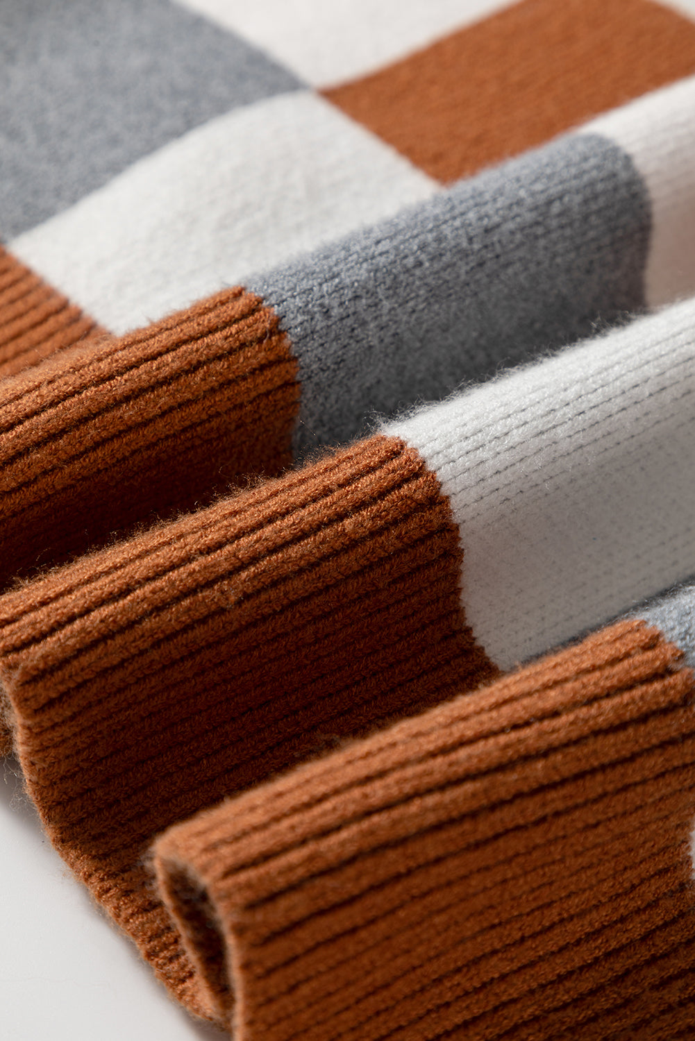 Brown Plus Size Checkered Crewneck Sweater Cozy Knit Dear-Lover Dropshipping